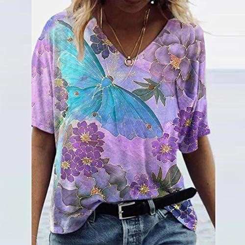 KEYEE Kadın Yaz Üstleri, kadın Kelebek Baskı T-Shirt Rahat Komik Kısa Kollu Gevşek Tops Vintage Bluz V Yaka Tunikler