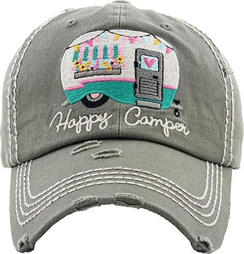 Sıkıntılı Yama Şapka: Mutlu Camper (Güvercin Gri)
