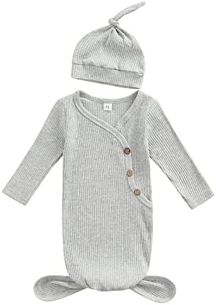 0-3 Ay Yenidoğan Bebek Uyku Tulumu Şapka Seti Nervürlü Düz Renk Uzun Kollu Giyilebilir Battaniye Uyku Çuval
