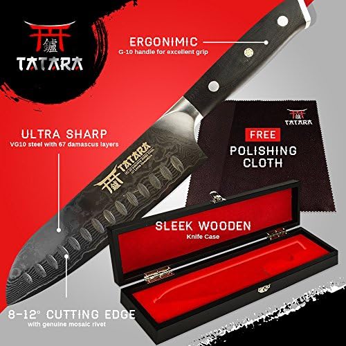TATARA / Santoku Bıçak-Şefler için 7 inç Japon Suşi Bıçağı / VG10 Şam / Suşi, Sebze, Et Kesimi İçin Mükemmel / Tahta Sandık
