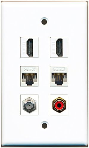 RiteAV - 2 HDMI 1 Port RCA Kırmızı 1 Port Koaksiyel Kablo TV-F-Tipi 2 Port Cat5e Ethernet Beyaz Duvar Plakası