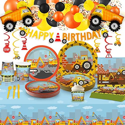 My Greca İnşaat Doğum Günü Parti Malzemeleri (20 Porsiyon) - Erkekler için Kamyon Doğum Günü Süslemeleri-Büyük Folyo Balonlar,