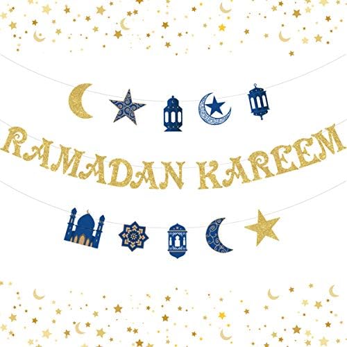 Ramazan Kareem Banner altın Glitter Eid Mubarak parti süslemeleri ile ay ve yıldız ışıkları çelenk için müslüman islam Eid