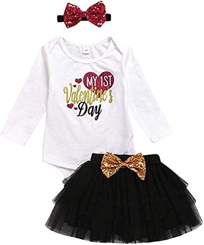 Bebek Kız Ilk sevgililer Günü Kıyafet Uzun Kollu Romper Bodysuit Ilmek Tül Tutu Etek Bandı 3 Adet Giysi Set