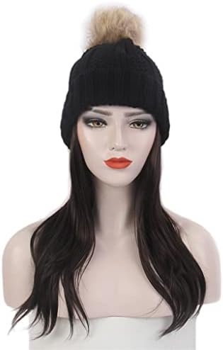 KLHHG Moda Bayan Saç Şapka Bir Siyah Örme Şapka Peruk Uzun Düz Siyah Peruk Şapka Bir Şık Kişilik