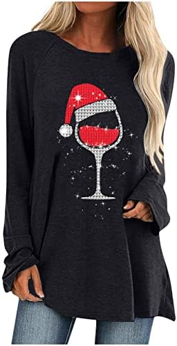 Artı Boyutu Kadınlar ıçin Uzun Kollu Gömlek Crewneck Tişörtü Tops Pullu Şarap Cam Baskı Kazak Noel Tatil Bluzlar