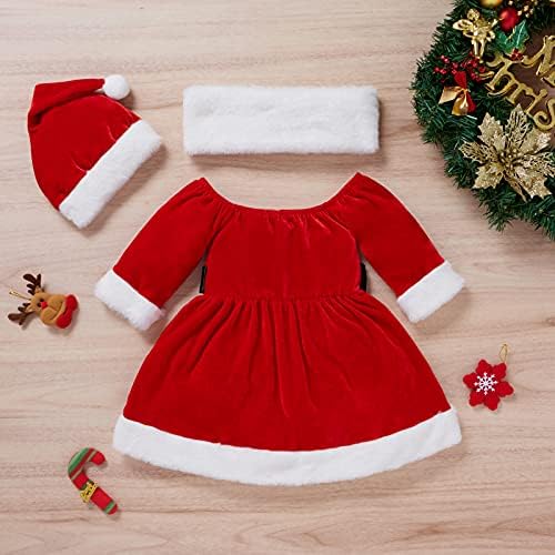 Toddler Bebek Kız Noel Kıyafeti Noel Elbise Uzun Kollu Kadife Elbiseler Kürk Eşarp Santa Şapka 3 Adet