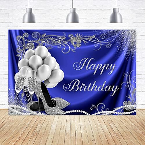 Aperturee 6x4ft Mutlu Doğum Günü Zemin Glitter Gümüş ve Mavi Noktalar Balonlar Yüksek Topuklu Gözlük Fotoğraf Arka Plan Yetişkin
