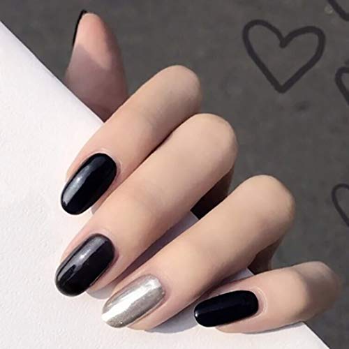 ELABEST Parlak Oval Siyah Yanlış Nails İpuçları Gümüş Sahte Çivi Kısa Tam Kapak 24 ADET Kadınlar ve Kızlar için Tırnak üzerinde