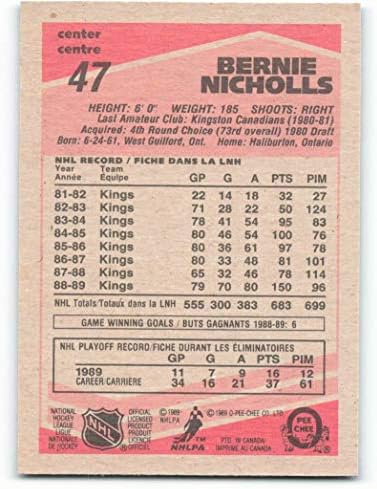 1989-90 Çiş-Çiş 47 Bernie Nicholls Los Angeles Kings NHL Hokey Kartı NM-MT