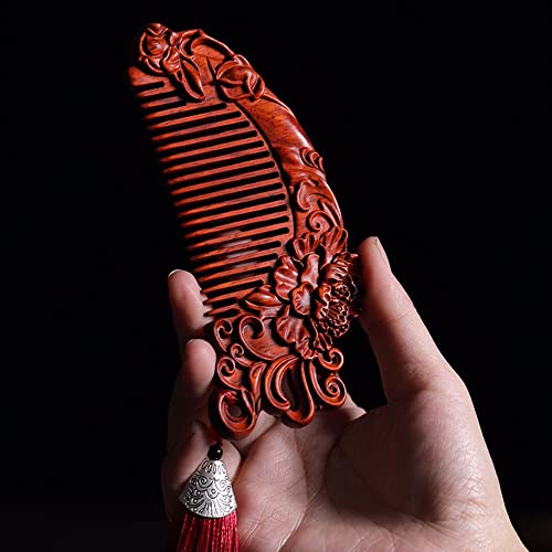 Çin Tarzı Şakayık desen Saç Tarakları [Hediye Kutusu], Doğal Kırmızı Sandal Ağacı Saç Tarakları, Anti-Statik, Geniş Diş Ahşap