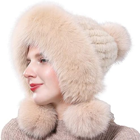 Kürk Şapka kadın Kış Vizon Kürklü Kalın Örgü Şapka-Rus Sıcak FurSoft Topu Pom pom Elastik Kap