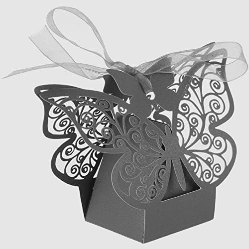 50 Parça Koyu Siyah Kelebek Lazer Kesim Favor Kutuları Çerez Mevcut Kutuları Kurdeleler ile Sevimli Çikolata Kutusu Düğün Kız