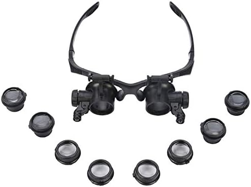 FXLYMR Büyüteç, Eğitim, Araştırma, Kafa Bandı Ayarlanabilir Odak 10× 15× 20× 25 × Dört Lens Seti içerir Ligth ile Plastik Siyah