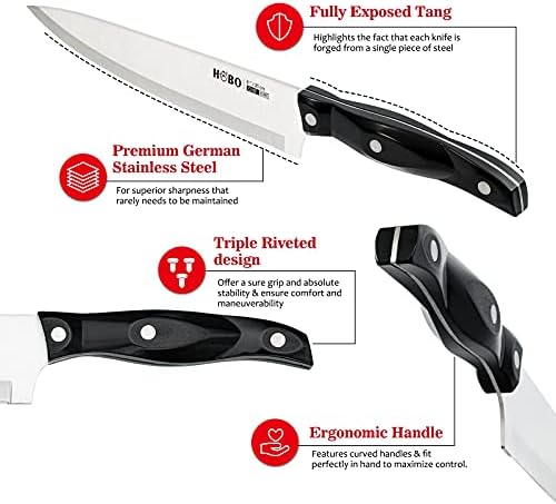 HOBO Bıçak Seti, Ahşap Bıçak Bloğu ile 19 Parça Mutfak Bıçağı Seti, Üçlü Perçinli Yüksek Karbonlu Alman Paslanmaz Çelik Şef