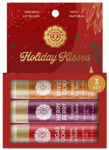 Woolzies Holiday Kisses Dudak Balsamı 3'lü Set / Şekerli Kurabiye, Merry Berry ve Baharatlı Elma Şarabı içerir / 0.15 OZ