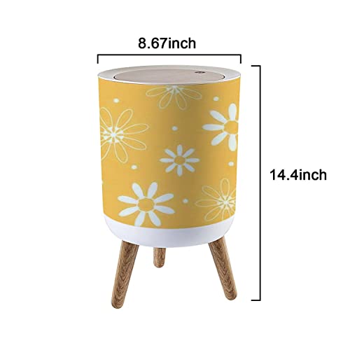 Kapaklı Küçük Çöp Tenekesi Ahşap Ayaklı Sarı üzerine Papatya Çiçeği ile Dikişsiz Çöp Kovası Mutfak, Banyo, 1.8 Galon - 7L için