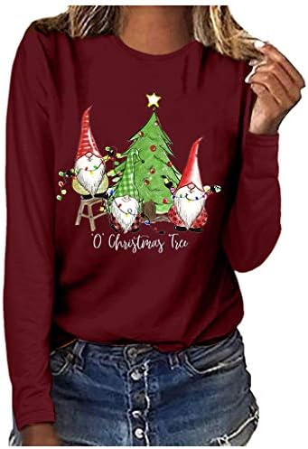 Noel Uzun Kollu T-Shirt Kadınlar için Grafik Baskı T-Shirt Gnome Noel Ağacı Desen Rahat Kazak Kazak Tops