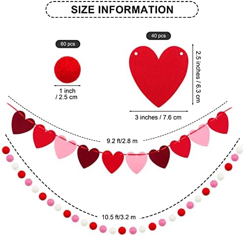 Fovths 6 Paket Sevgililer Günü Çelenk Seti 60 Topları Keçe Çelenk ve 40 Adet Keçe Kalp Çelenk Afiş Kırmızı Pembe Beyaz Pom