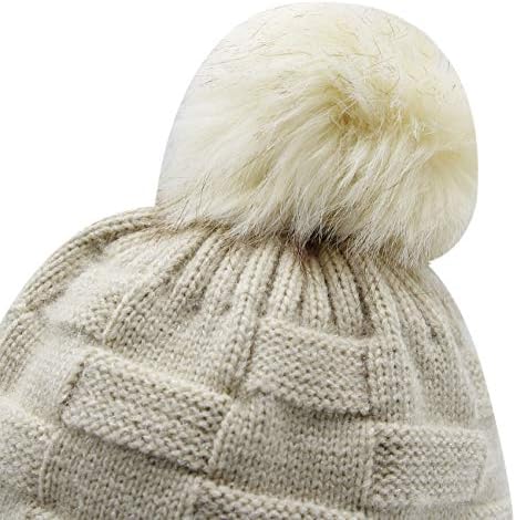 Caviotess Kış Kadın Kız Örme Şapka Sıcak Örgü Kar Kayak Visor Beanie Kafatası Cap ıle Faux Kürk Pom Pom Topu