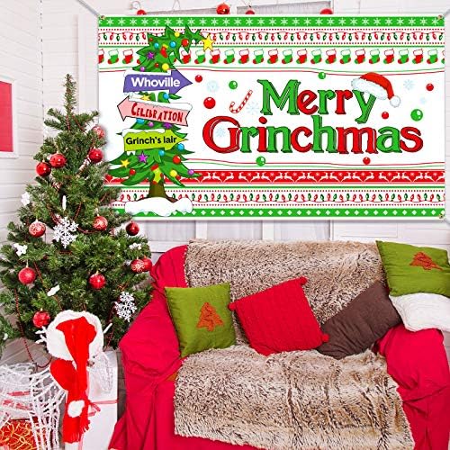 Merry Grinchmas Parti Süslemeleri, Ekstra Büyük Kumaş Kırmızı ve Yeşil Noel Grinch Noel Burcu Banner Photo Booth Zemin Arka