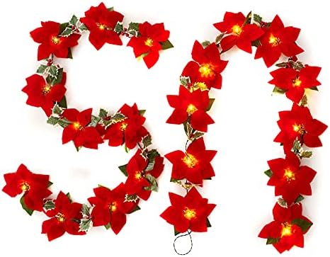 joyhalo 2 Paket Noel Poinsettia Çelenk Kırmızı Meyveler ve Holly Yaprakları - 2AA Pil Işletilen Kapalı ve Açık Dekor