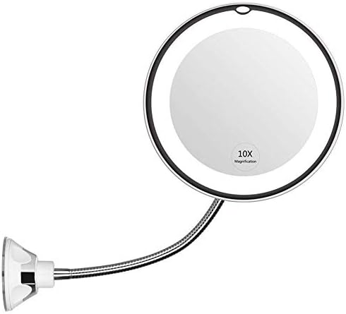 Wxlıner Makyaj Aynası Işıklı 10X Büyüteçli Ayna Makyajı, Vantuzlu Ayarlanabilir Gooseneck ile 360 Derece Döndürme Akülü Kompakt