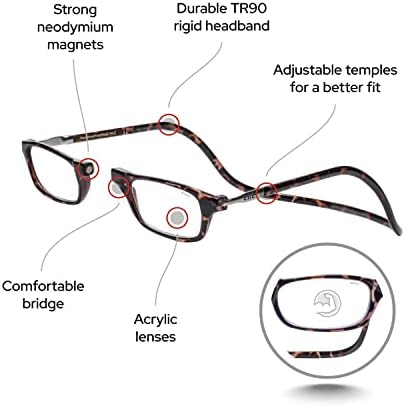 CliC Manyetik Okuma Gözlükleri, Bilgisayar Okuyucuları, Değiştirilebilir Lens, Ayarlanabilir Tapınaklar, Orijinal, (Kaplumbağa,