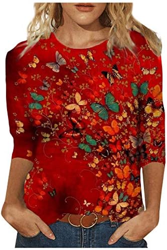 Kadınlar için Güz Mahsul Tops, 3/4 Uzun Kollu Tunik Üstleri Çiçek Desen Bluzlar Ekip Boyun Gömlek Casual Gevşek Vintage Üst