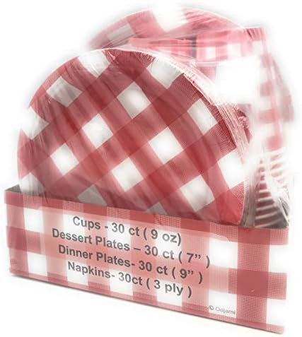 30 Porsiyon | Komple Parti Paketi | Kırmızı Şemsiye Kırmızı ve Beyaz Damalı | 9 Akşam Yemeği Kağıt Tabaklar | 7 Tatlı Kağıt