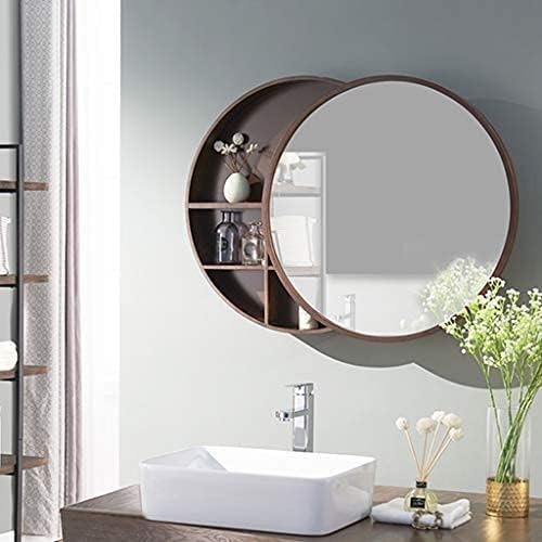 Duvara Monte Makyaj Aynaları Yuvarlak Banyo Aynası Dolabı, Banyo Duvar Depolama Dolabı Çelik Kayar Paslanmaz Ahşap Çerçeveli