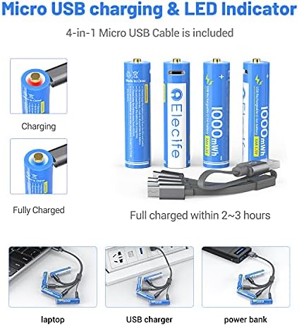 4 ADET Şarj Edilebilir AAA Lityum Piller, Elecife 1000mwh 1.5 V Lityum Piller ile USB-Mikro Şarj Kablosu, 1000 + Döngüleri