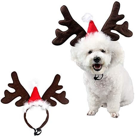Stok Gösterisi Pet Ren Geyiği Boynuzları Noel Kostüm Köpek Kedi Elk Kafa Geyik Boynuz Şapka Kostüm ile Noel Santa Kırmızı Şapka