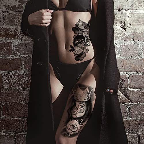 Büyük Geçici Dövmeler Kollu Kadın Erkek 3D Gerçekçi Kafatası Gül Kelebek Melek Saat Pusula soytarı Sahte Dövmeler 10 Levhalar