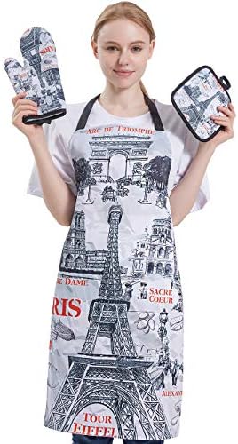 LEONAL Bayan Mutfak Şef Pişirme Pişirme Paris Baskı Önlük Önlük Fırın Mitt Eldiven ve Pot Tutucu Set