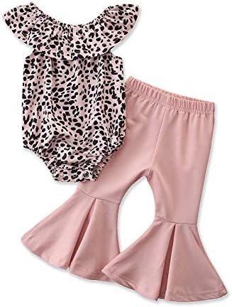 Bebek Bebek Kız Leopar Fırfır Kısa Kollu Romper Bodysuit Tops Flared Çan Alt Pantolon Tayt Yaz Kıyafetler